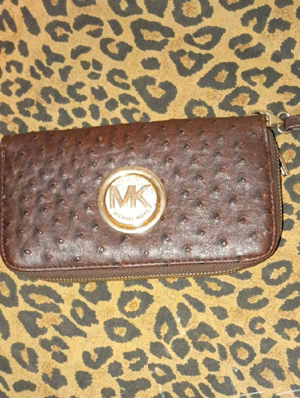 Michael Kors Dark Brown Ostrich-Texture Zip Wallet with Gold MK Emblem
